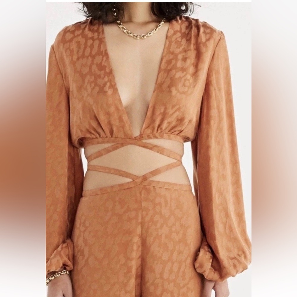 Rumer x Revolve Rust Leopard Crop Top with Balloon Sleeves and Wrap front tie